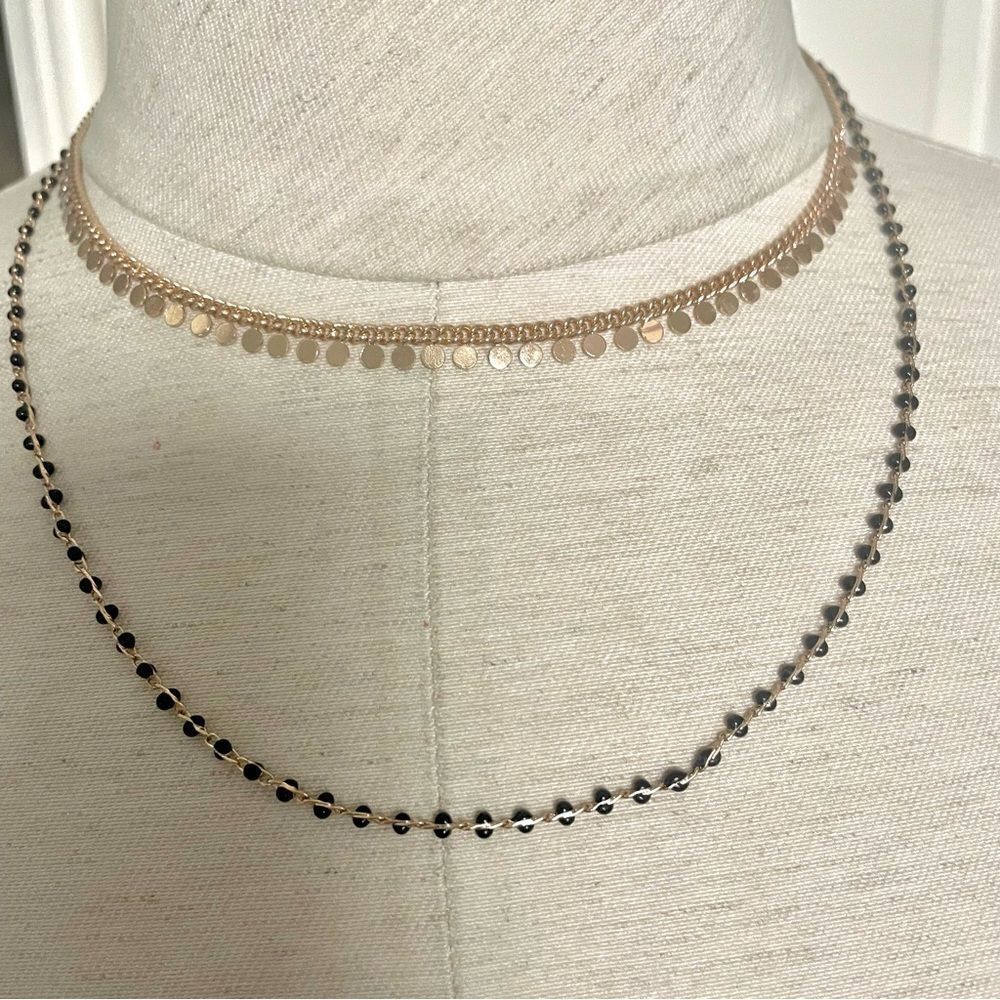 Gold tone and black beaded double Strand necklace